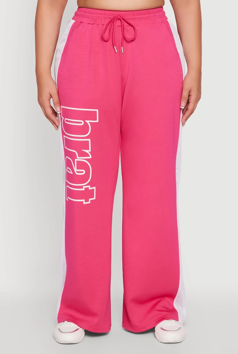Womens Plus Size Brat Graphic High Waisted Active Pants, Pink, Size 3X