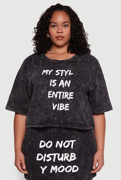 Womens Plus Size Trendy Mineral Wash Entire Vibe Graphic Tee, Grey, Size 1X