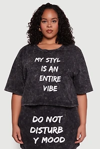 Womens Plus Size Trendy Mineral Wash Entire Vibe Graphic Tee, Grey, Size 1X