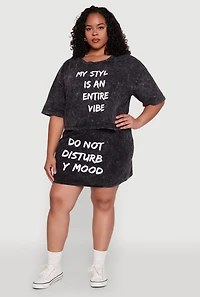 Womens Plus Trendy Mineral Wash Entire Vibe Graphic Tee, Grey,