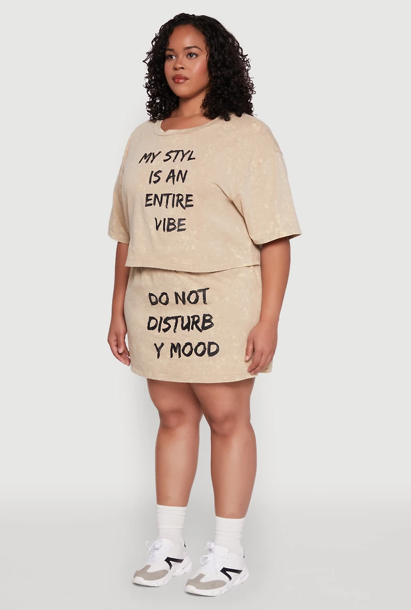 Womens Plus Size Trendy Mineral Wash Entire Vibe Graphic Tee, Beige, Size 1X