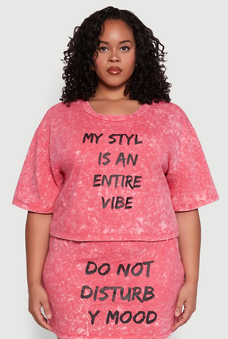 Womens Plus Size Trendy Mineral Wash Entire Vibe Graphic Tee, Pink, Size 2X
