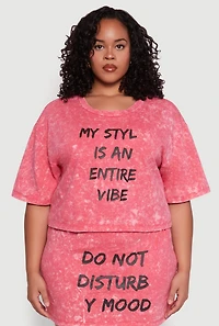 Womens Plus Size Trendy Mineral Wash Entire Vibe Graphic Tee, Pink, Size 2X