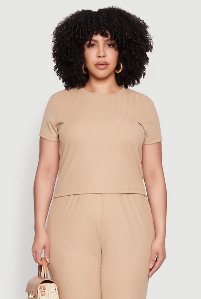 Womens Plus Size Ribbed Knit T Shirt, Beige, Size 2X