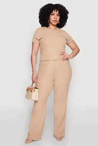 Womens Plus Size Ribbed Knit T Shirt, Beige, Size 1X
