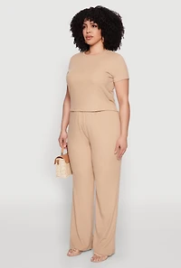 Womens Plus Size Ribbed Knit T Shirt, Beige, Size 1X