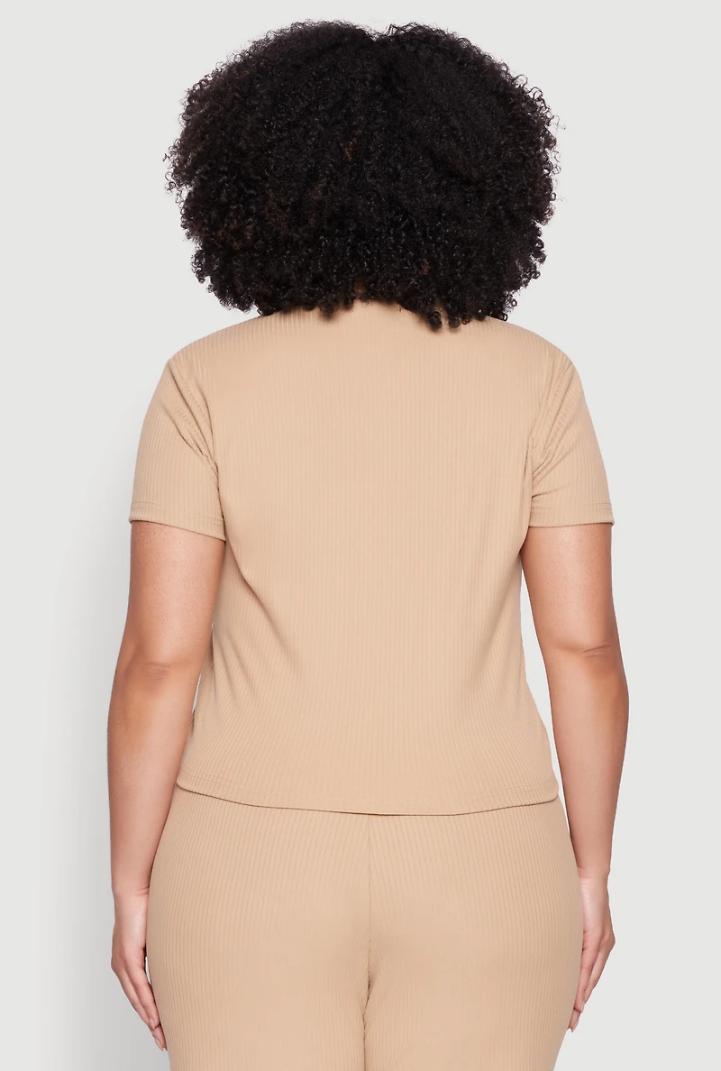 Womens Plus Size Ribbed Knit T Shirt, Beige, Size 1X