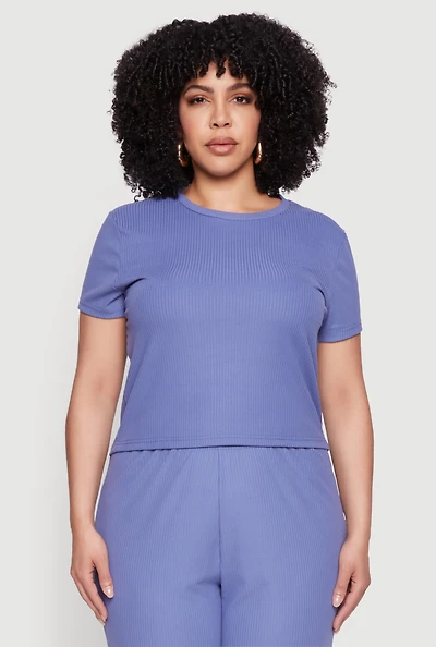 Womens Plus Ribbed Knit T Shirt, Blue,