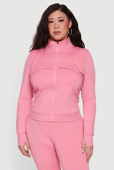 Plus Zip Front Mock Neck Jacket with Thumb Holes