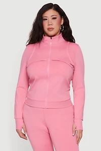 Plus Zip Front Mock Neck Jacket with Thumb Holes