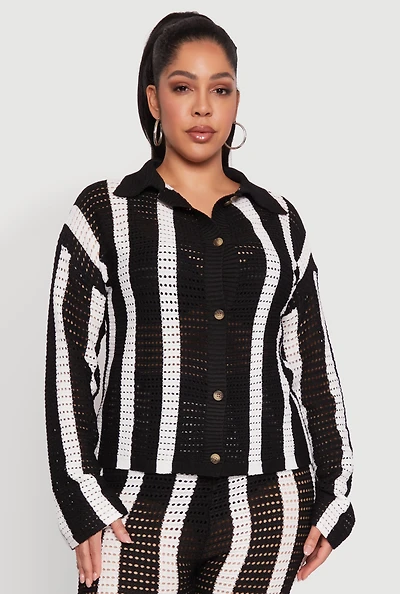 Womens Plus Size Daisy Striped Crochet Shirt, Black, Size 1X