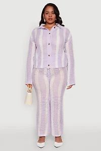 Womens Plus Size Daisy Striped Crochet Pants, Purple, Size 2X