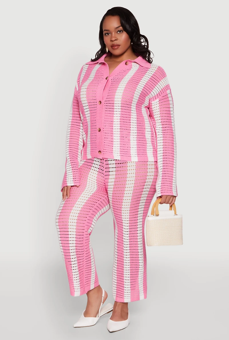Womens Plus Size Daisy Striped Crochet Pants, Pink, Size 3X