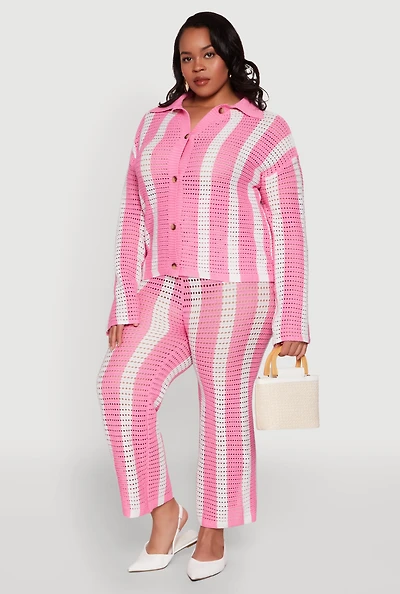 Womens Plus Size Daisy Striped Crochet Pants, Pink, Size 3X