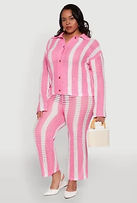 Womens Plus Size Daisy Striped Crochet Pants, Pink, Size 2X