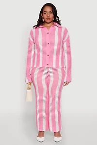 Womens Plus Size Daisy Striped Crochet Pants, Pink, Size 3X