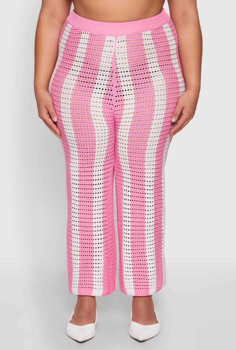 Womens Plus Size Daisy Striped Crochet Pants, Pink, Size 2X