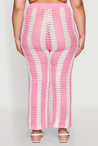Womens Plus Size Daisy Striped Crochet Pants, Pink, Size 3X