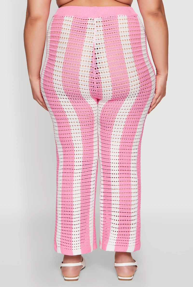 Womens Plus Size Daisy Striped Crochet Pants, Pink, Size 1X