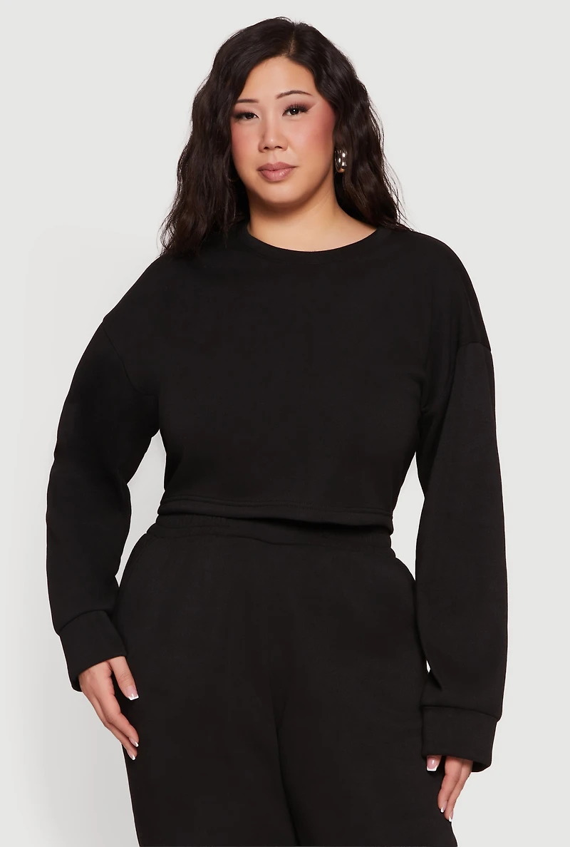 Plus Long Sleeve Fleece Cropped Pullover Sweatshirt