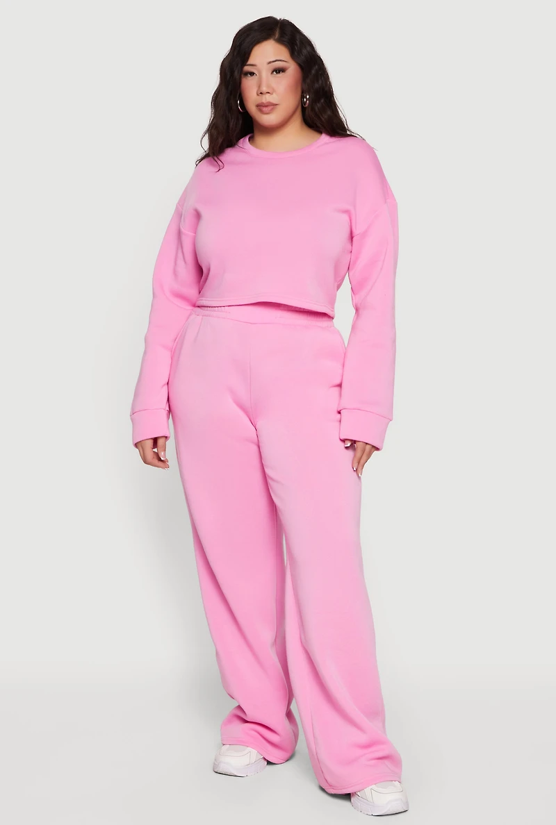 Plus Long Sleeve Fleece Cropped Pullover Sweatshirt