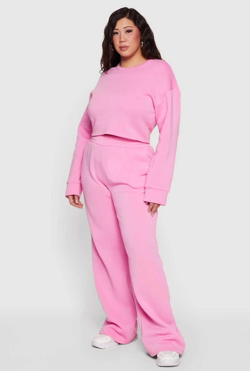 Plus Long Sleeve Fleece Cropped Pullover Sweatshirt