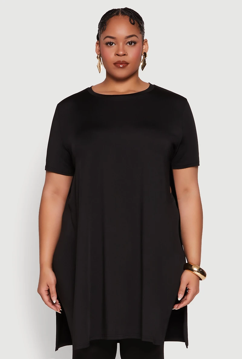 Plus Daisy Side Slit Crew Neck Tunic Top