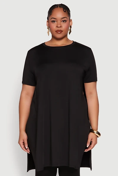 Plus Daisy Side Slit Crew Neck Tunic Top