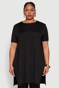 Plus Daisy Side Slit Crew Neck Tunic Top