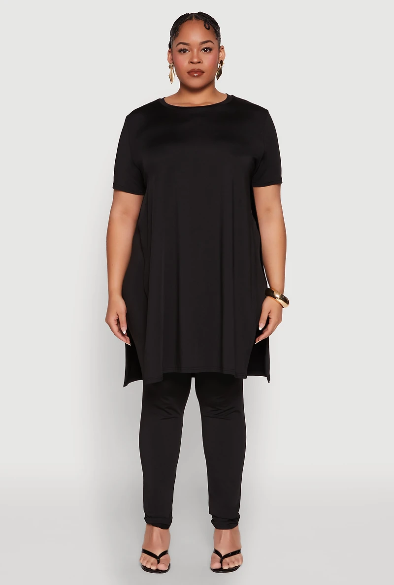 Plus Daisy Side Slit Crew Neck Tunic Top