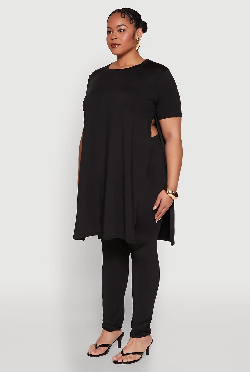 Plus Daisy Side Slit Crew Neck Tunic Top