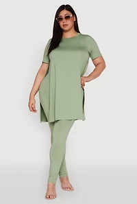 Plus Size Daisy Side Slit Crew Neck Tunic Top