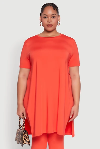 Womens Plus Size Daisy Side Slit Crew Neck Tunic Top, Orange, Size 1X