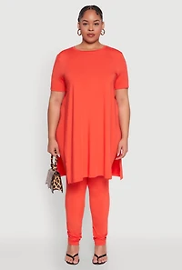 Womens Plus Size Daisy Side Slit Crew Neck Tunic Top, Orange, Size 1X