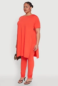 Womens Plus Size Daisy Side Slit Crew Neck Tunic Top, Orange, Size 1X