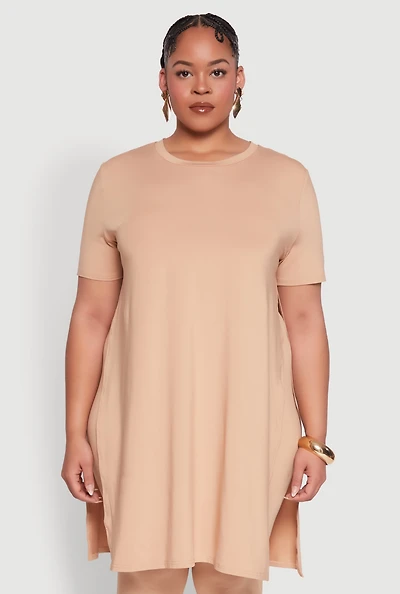 Womens Plus Daisy Side Slit Crew Neck Tunic Top,
