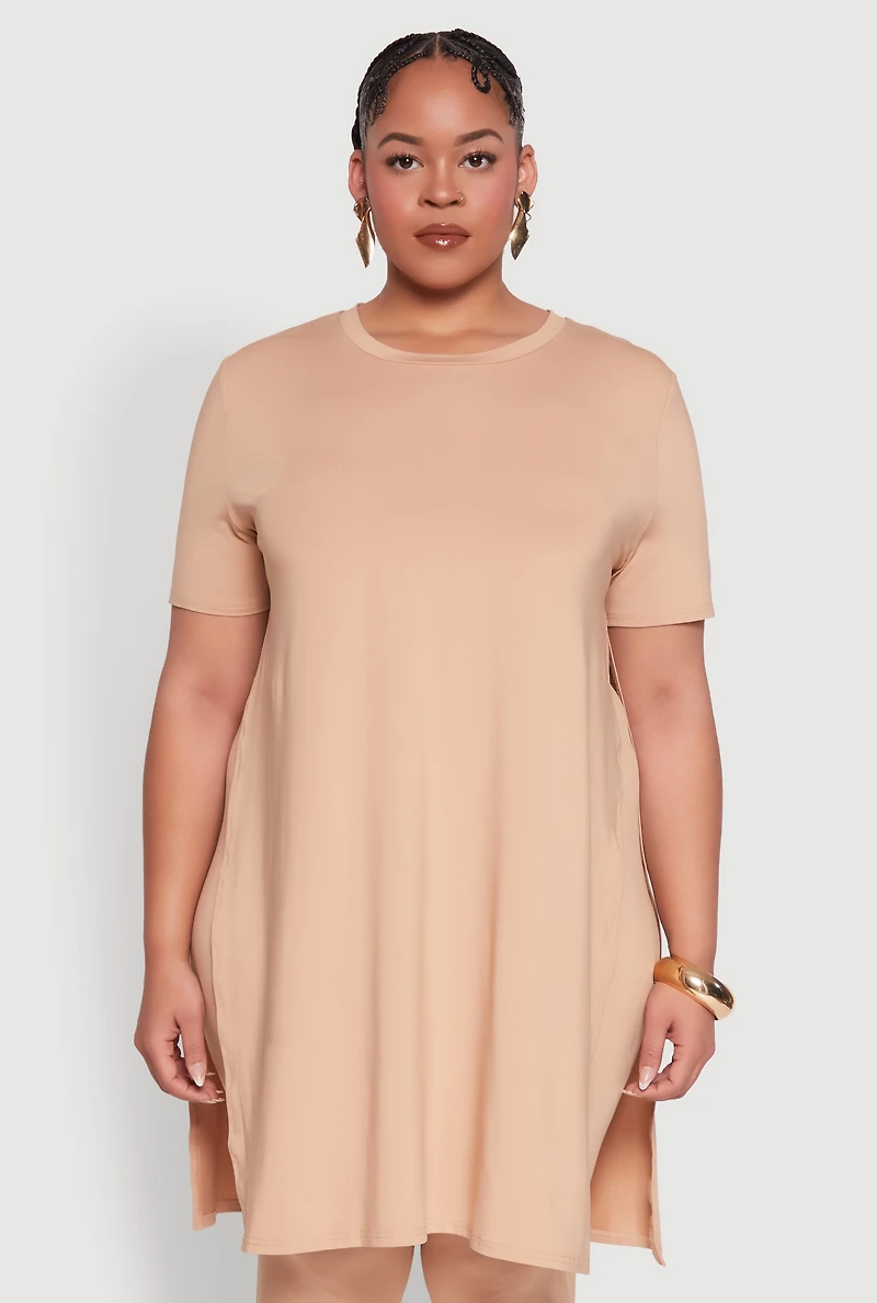 Womens Plus Daisy Side Slit Crew Neck Tunic Top,