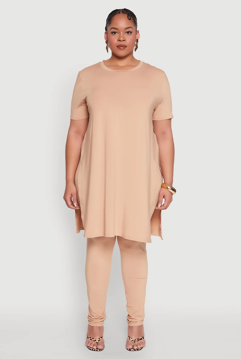 Womens Plus Size Daisy Side Slit Crew Neck Tunic Top, Beige, Size 2X