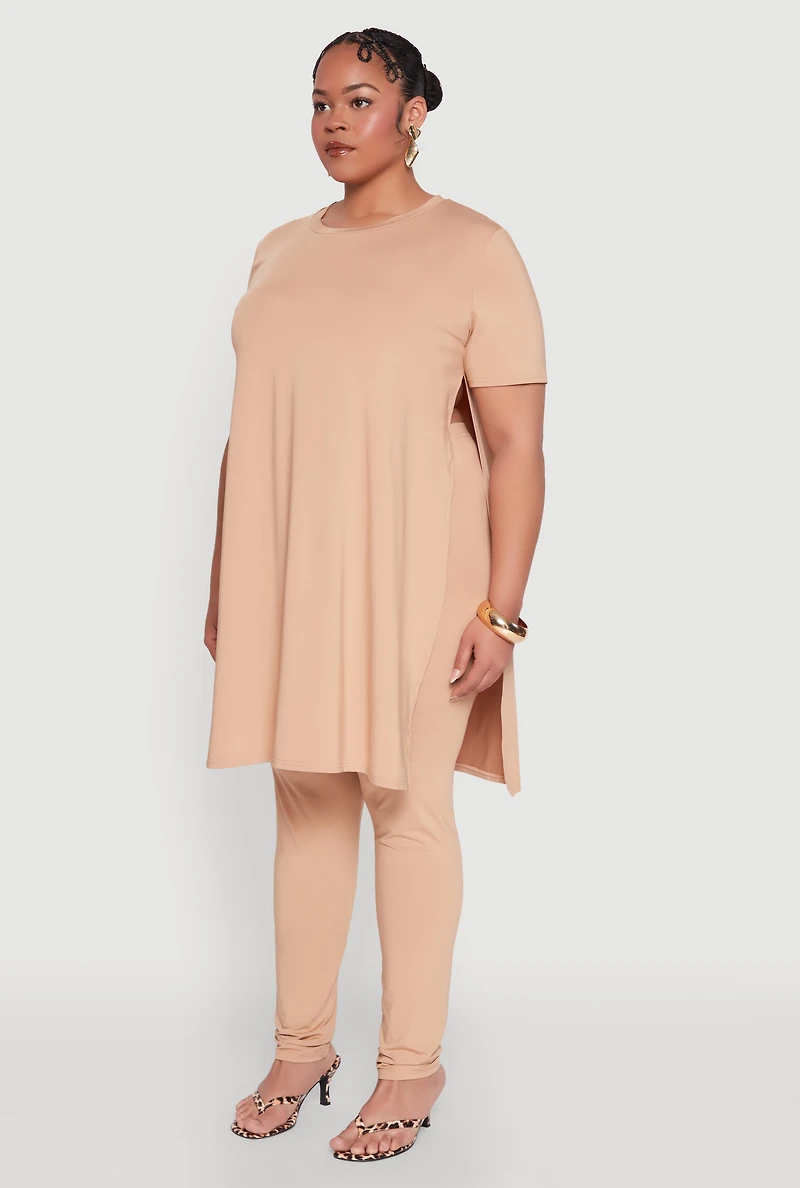 Womens Plus Size Daisy Side Slit Crew Neck Tunic Top, Beige, Size 2X
