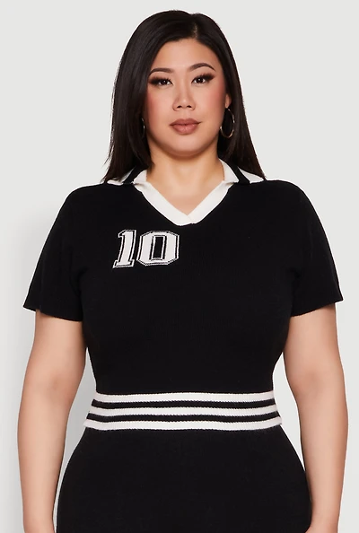 Womens Plus Daisy 10 Graphic Varsity Stripe Crop Top, 1X