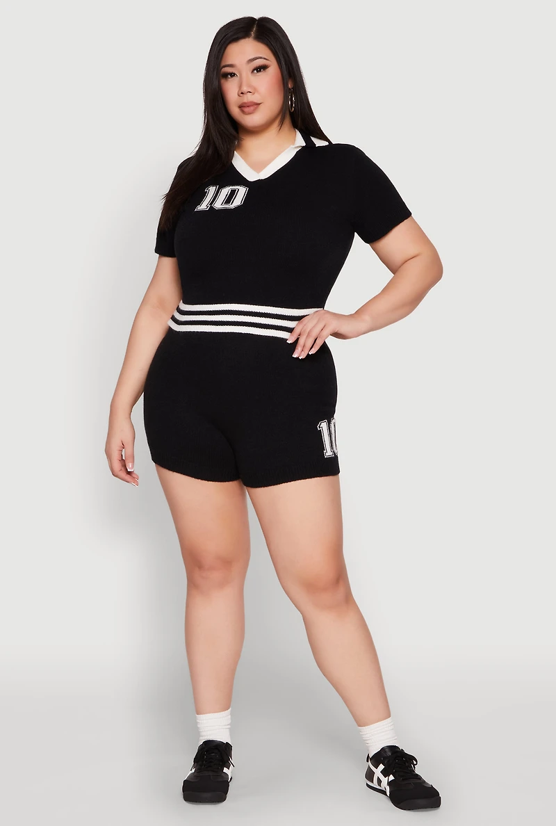 Womens Plus Daisy 10 Graphic Varsity Stripe Crop Top,