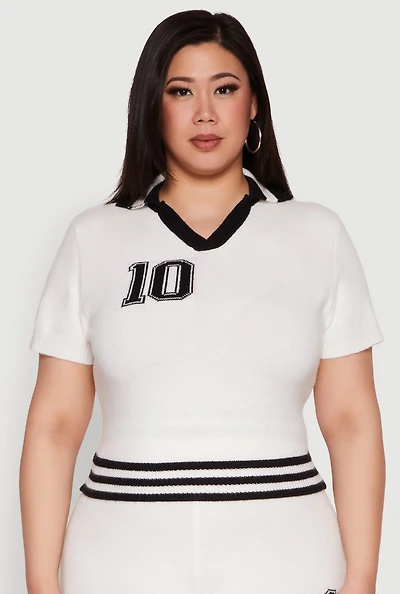 Womens Plus Size Daisy 10 Graphic Varsity Stripe Crop Top, White, Size 1X