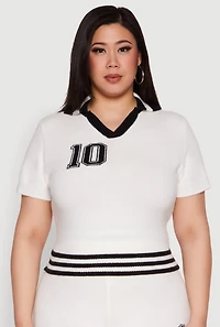Womens Plus Size Daisy 10 Graphic Varsity Stripe Crop Top, White, Size 1X
