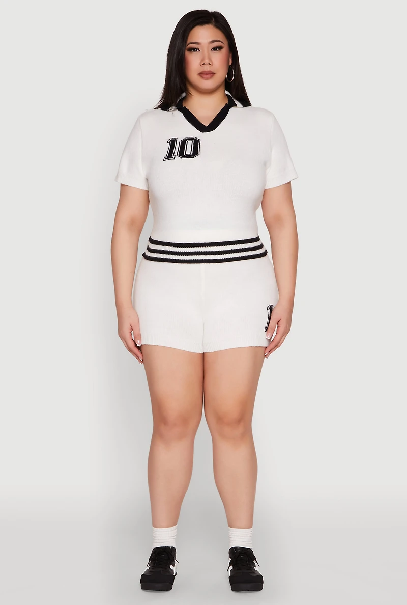 Womens Plus Size Daisy 10 Graphic Varsity Stripe Crop Top, White, Size 1X