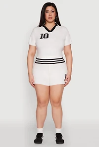Womens Plus Size Daisy 10 Graphic Varsity Stripe Crop Top, White, Size 1X