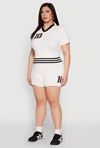 Womens Plus Size Daisy 10 Graphic Varsity Stripe Crop Top, White, Size 1X