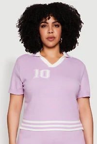 Womens Plus Size Daisy 10 Graphic Varsity Stripe Crop Top, Purple, Size 2X