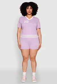 Womens Plus Size Daisy 10 Graphic Varsity Stripe Crop Top, Purple, Size 2X