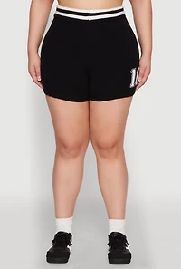 Womens Plus Size Daisy 10 Graphic Varsity Stripe Shorts, Black, Size 3X