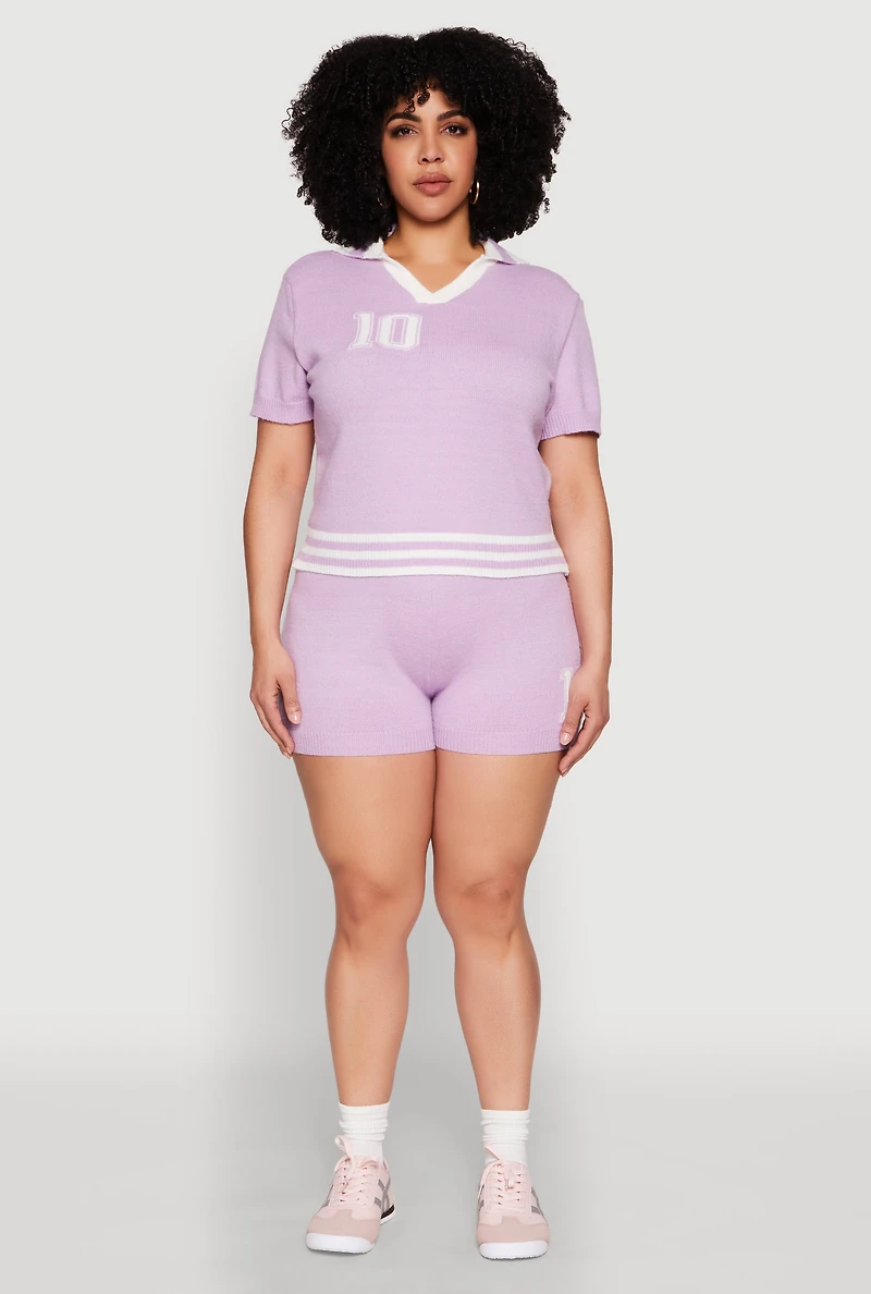 Womens Plus Size Daisy 10 Graphic Varsity Stripe Shorts, Purple, Size 2X